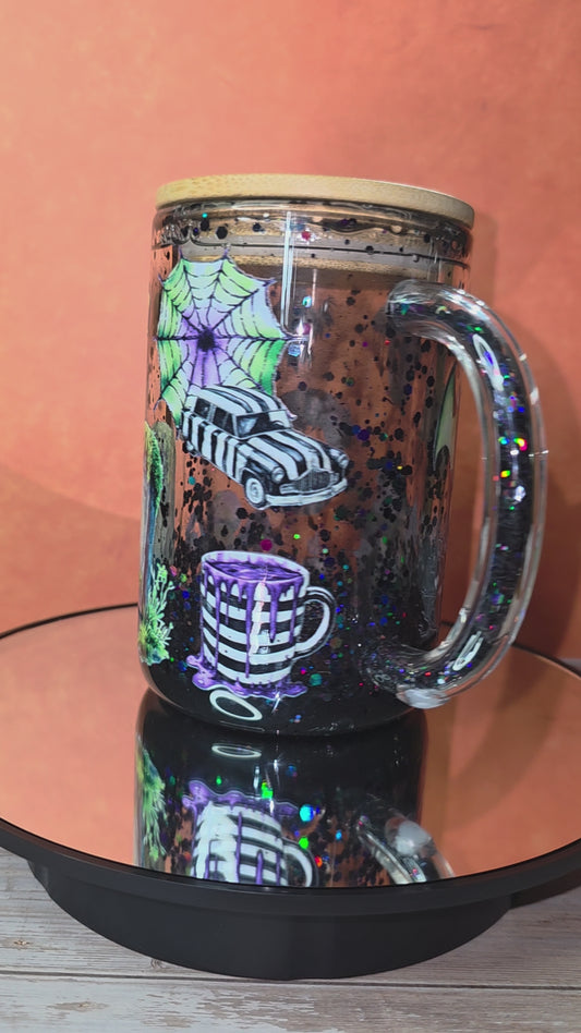 New** 16oz Glass Snow Globe Tumbler with Glitter in handle