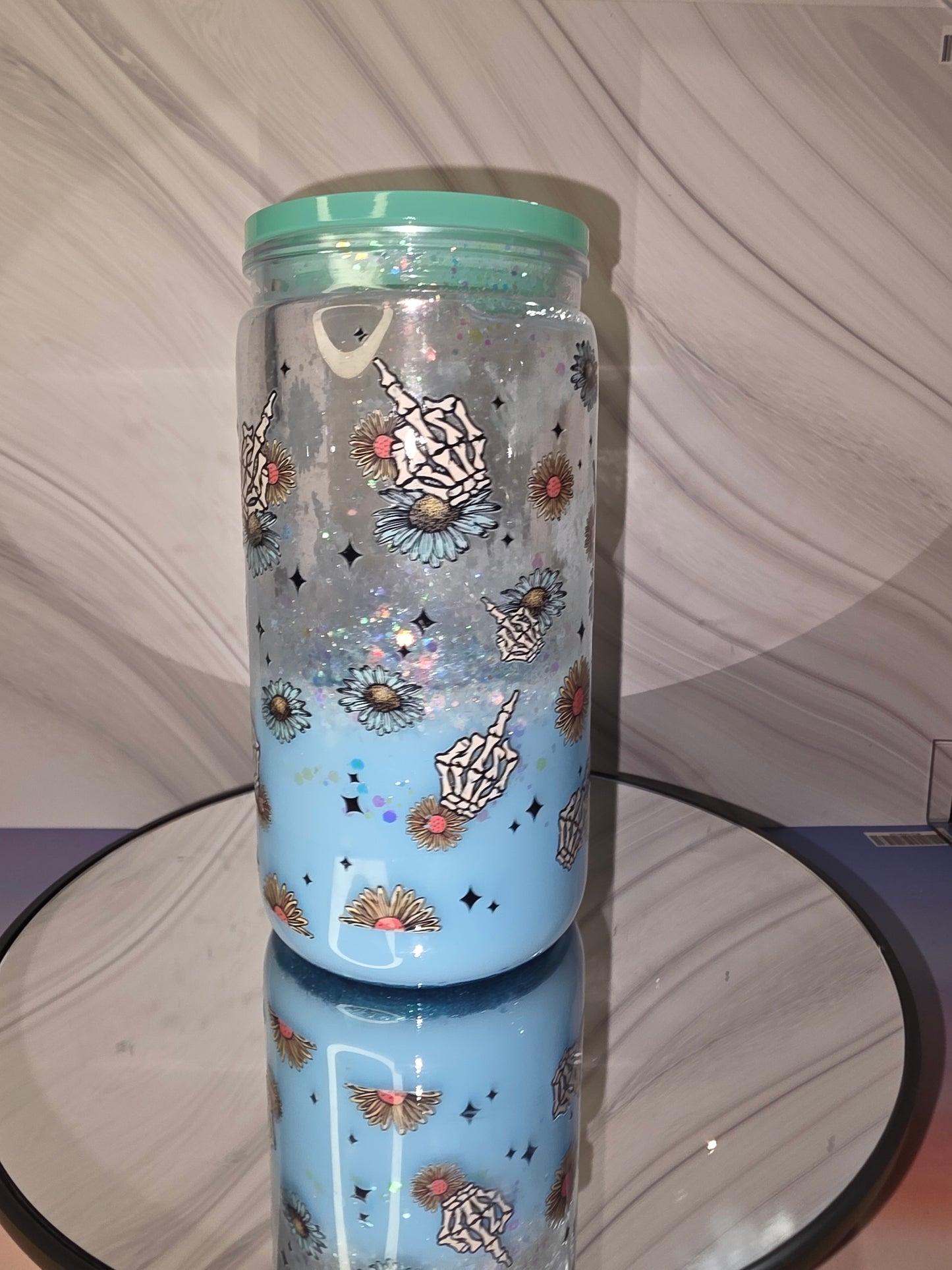 16oz Plastic Snow Globe Tumbler with Colored Lid and Straw