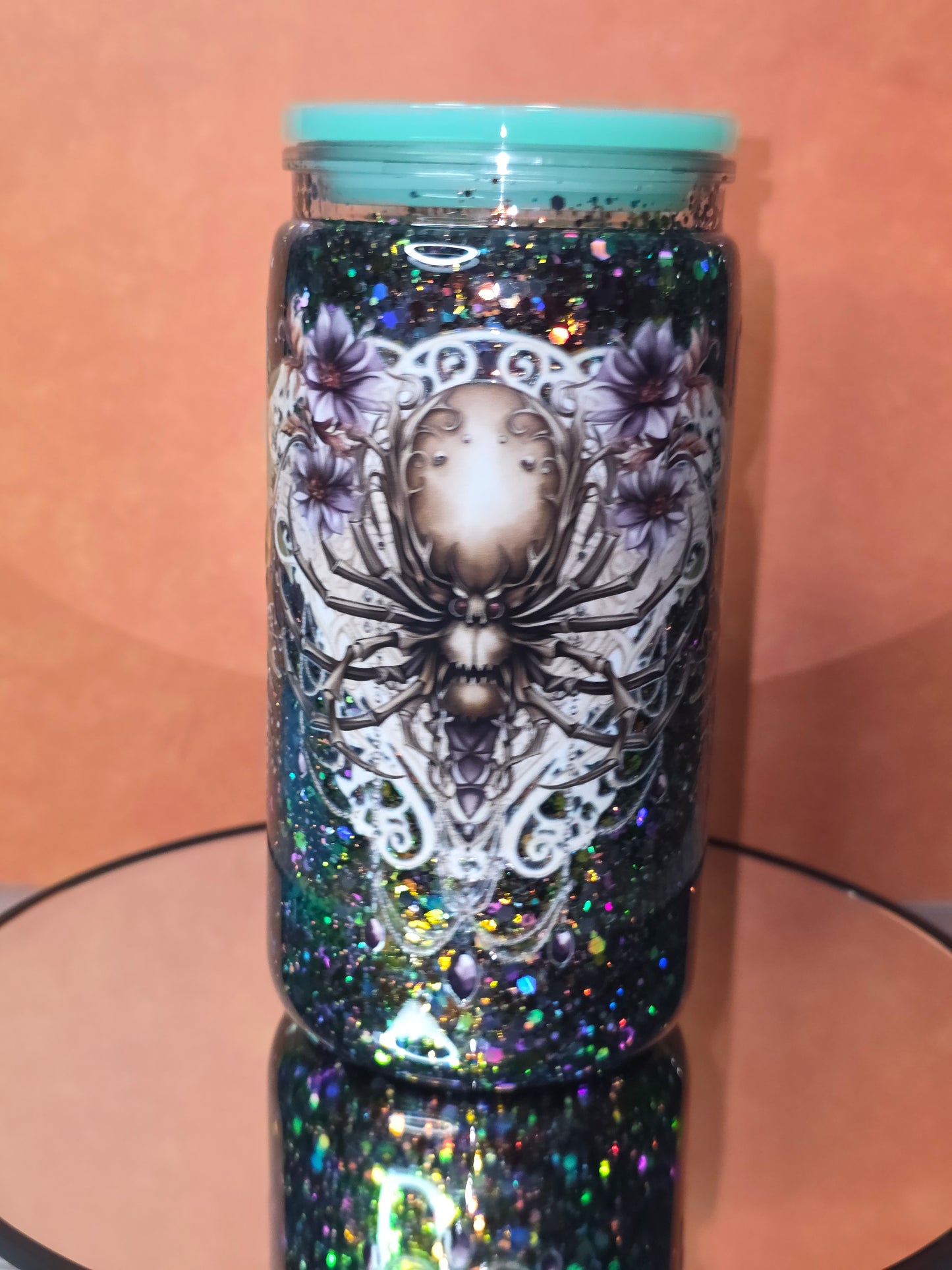 16oz Plastic Snow Globe Tumbler with Colored Lid and Straw