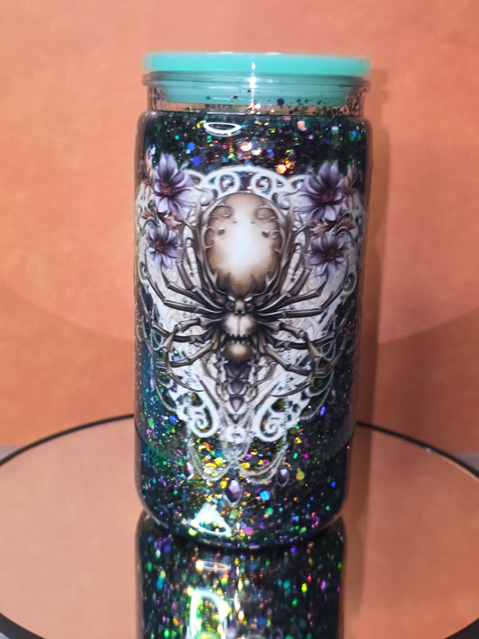 16oz Plastic Snow Globe Tumbler with Colored Lid and Straw
