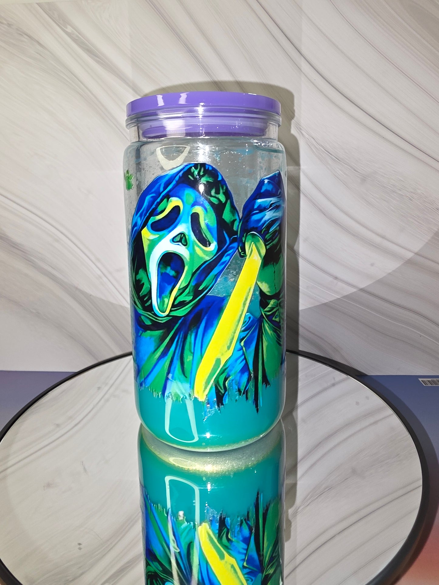 16oz Plastic Snow Globe Tumbler with Colored Lid and Straw