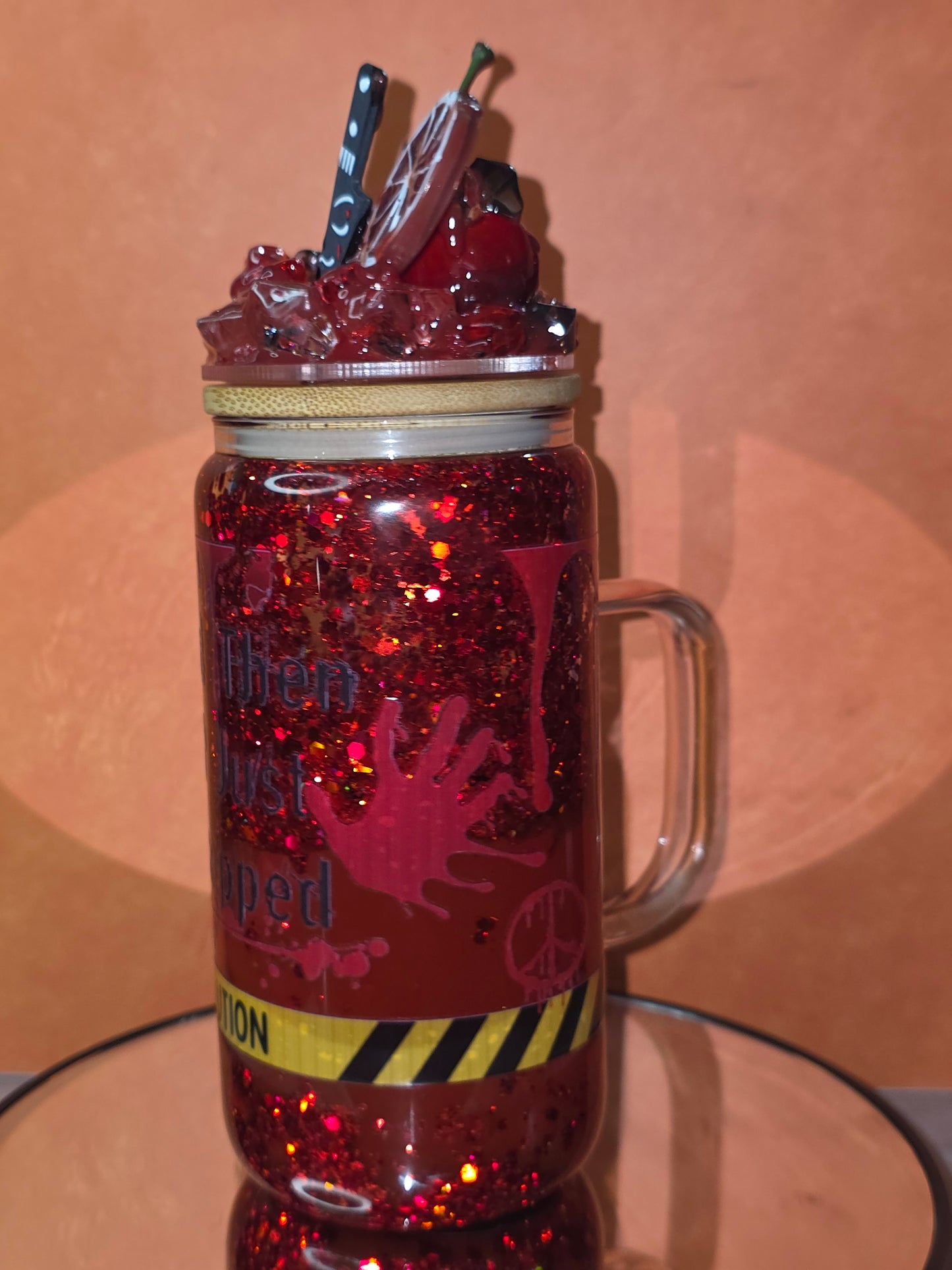 16oz Glass Blood Drip Tumblers with handle and decorated removable lid