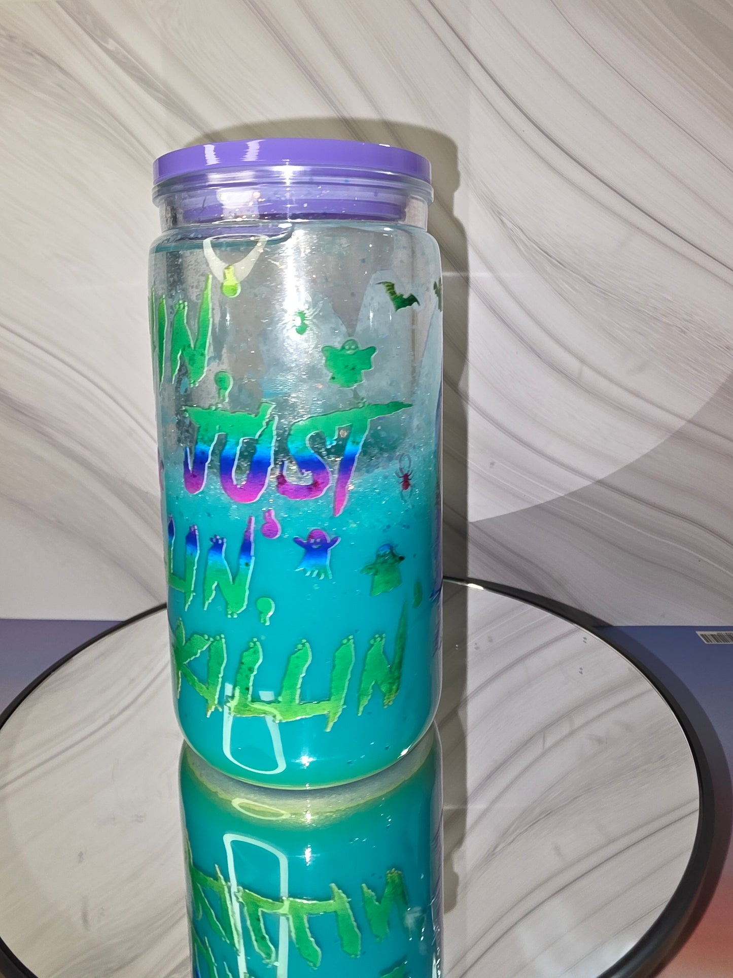 16oz Plastic Snow Globe Tumbler with Colored Lid and Straw