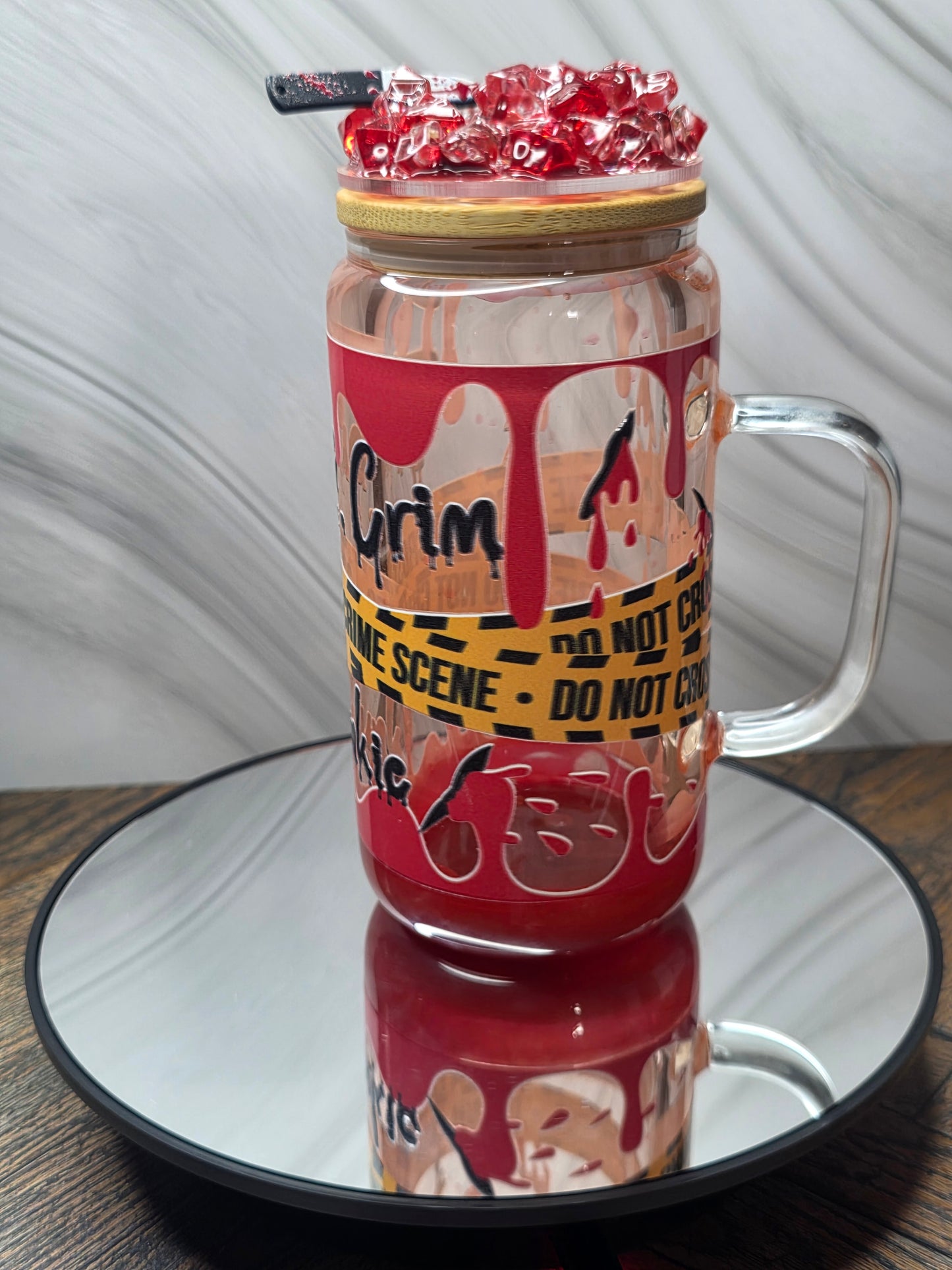 16oz Glass Blood Drip Tumblers with handle and decorated removable lid