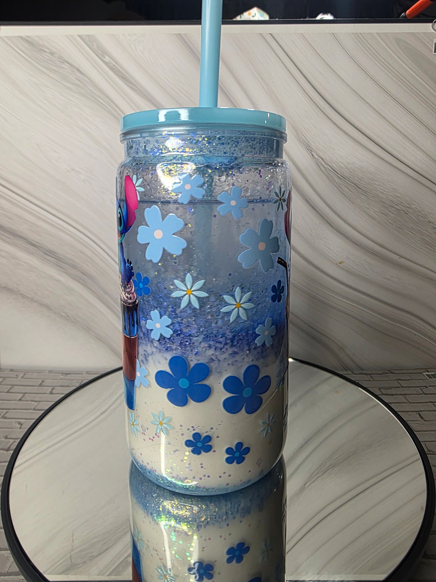 16oz Plastic Snow Globe Tumbler with Colored Lid and Straw