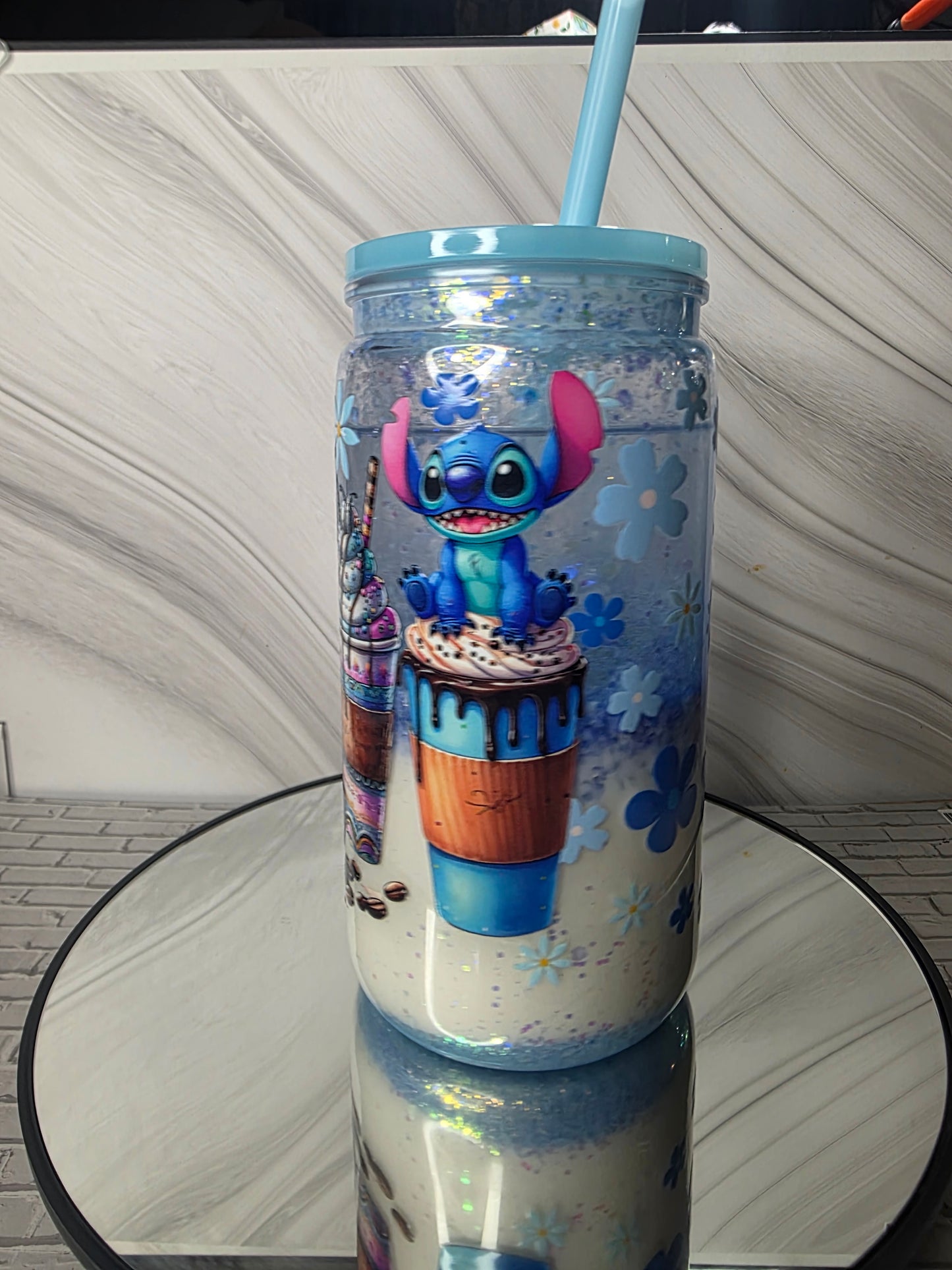 16oz Plastic Snow Globe Tumbler with Colored Lid and Straw