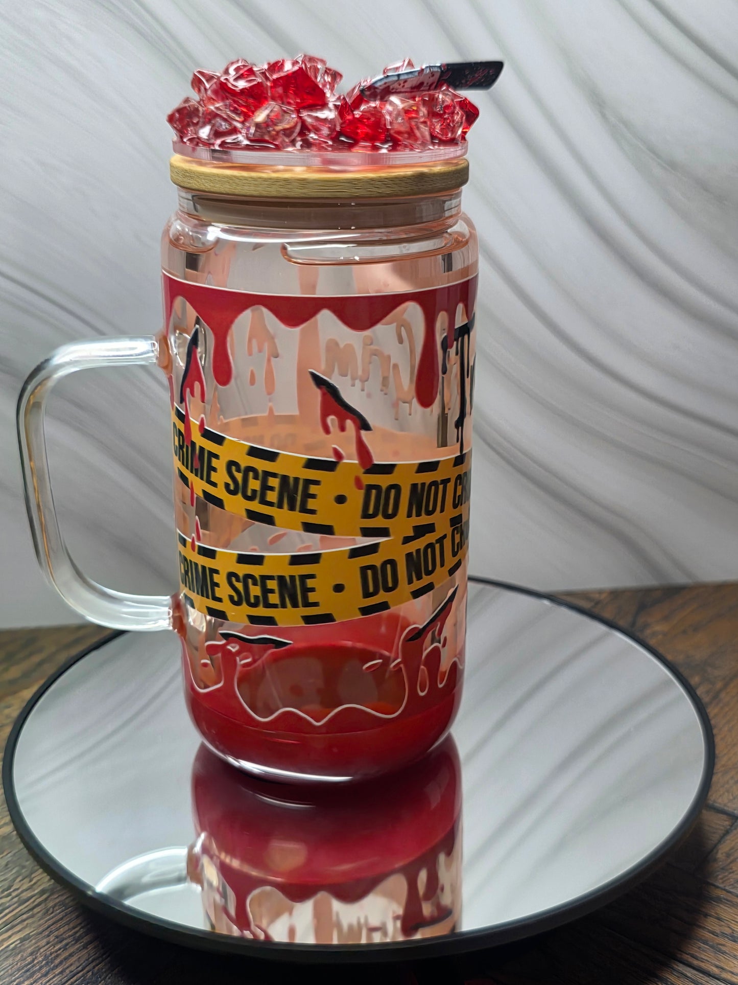 16oz Glass Blood Drip Tumblers with handle and decorated removable lid
