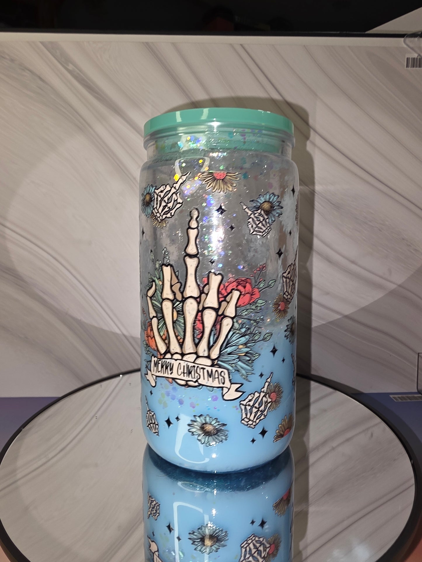 16oz Plastic Snow Globe Tumbler with Colored Lid and Straw