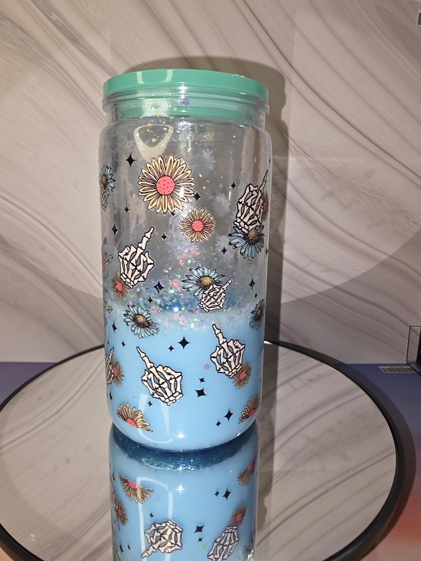 16oz Plastic Snow Globe Tumbler with Colored Lid and Straw