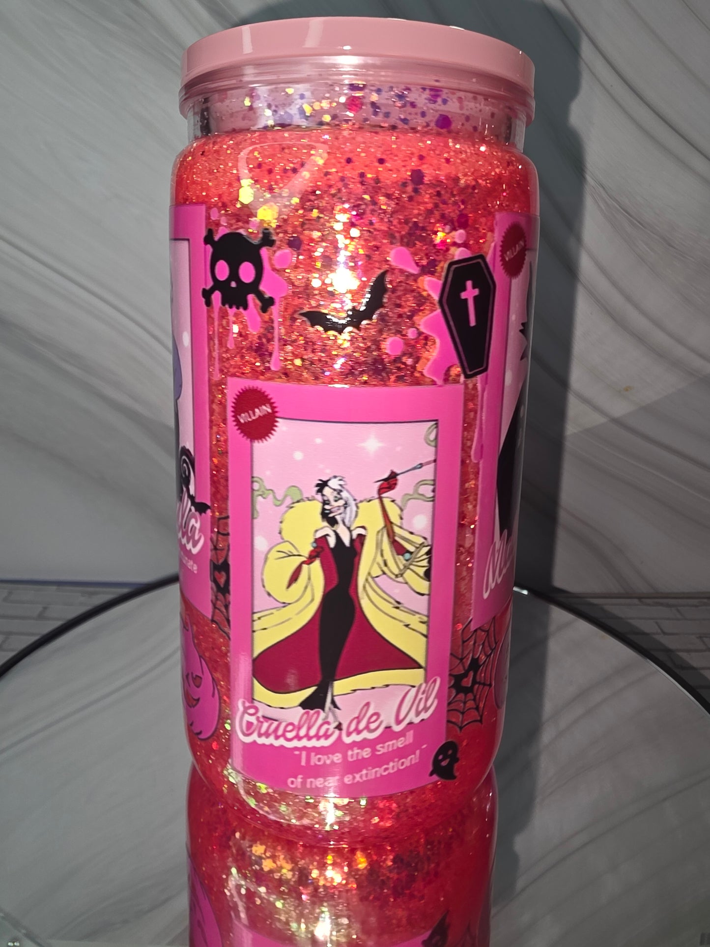 16oz Plastic Snow Globe Tumbler with Colored Lid and Straw