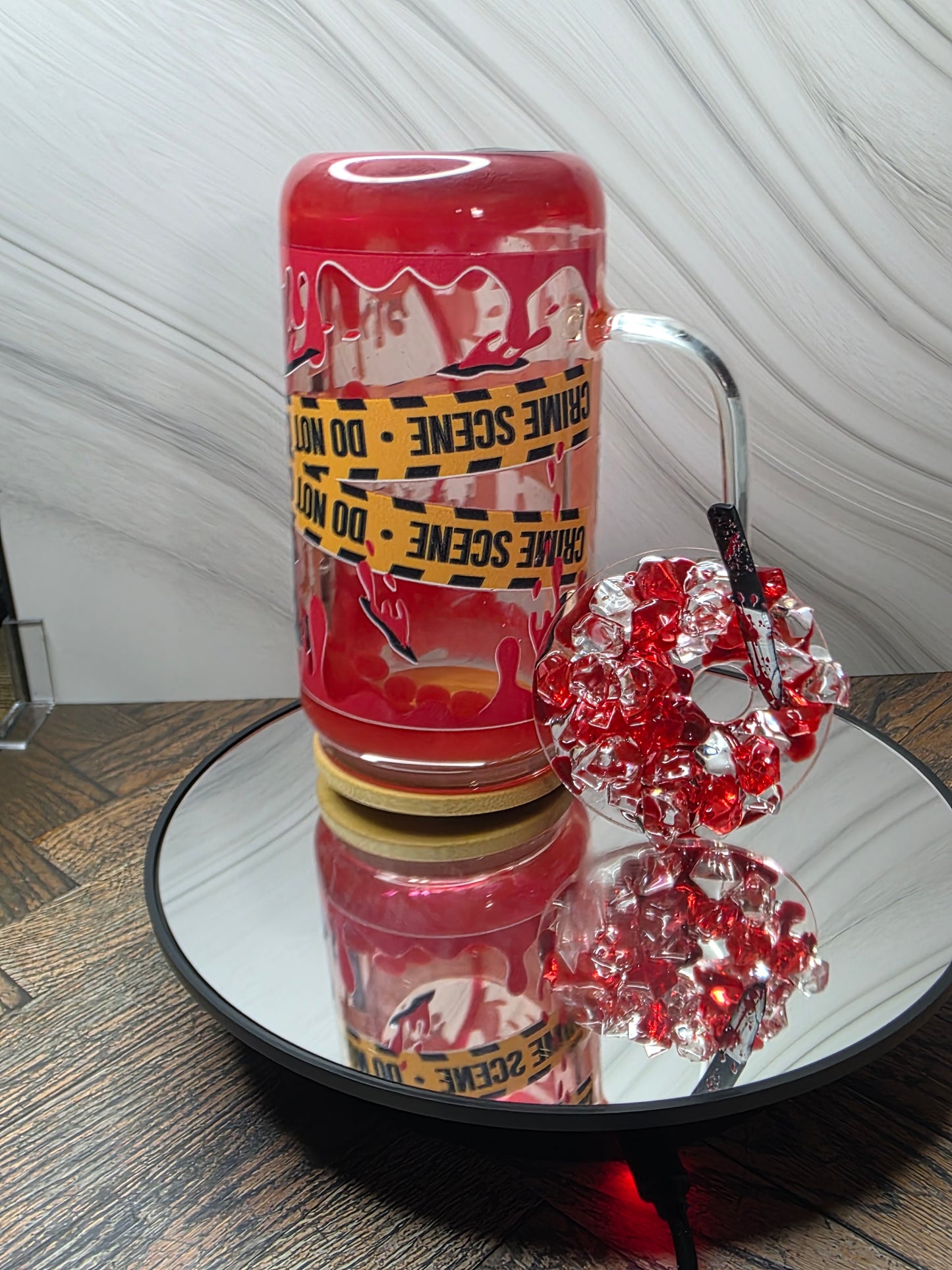16oz Glass Blood Drip Tumblers with handle and decorated removable lid