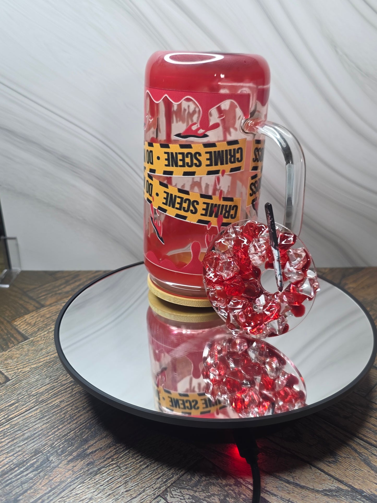 16oz Glass Blood Drip Tumblers with handle and decorated removable lid