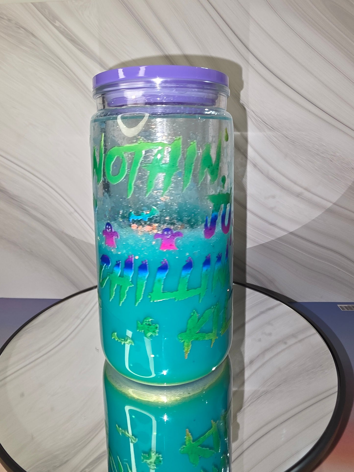 16oz Plastic Snow Globe Tumbler with Colored Lid and Straw