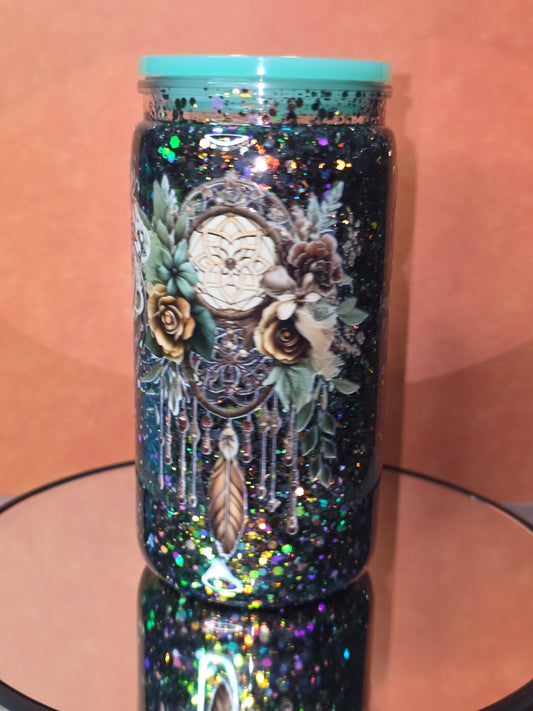 16oz Plastic Snow Globe Tumbler with Colored Lid and Straw