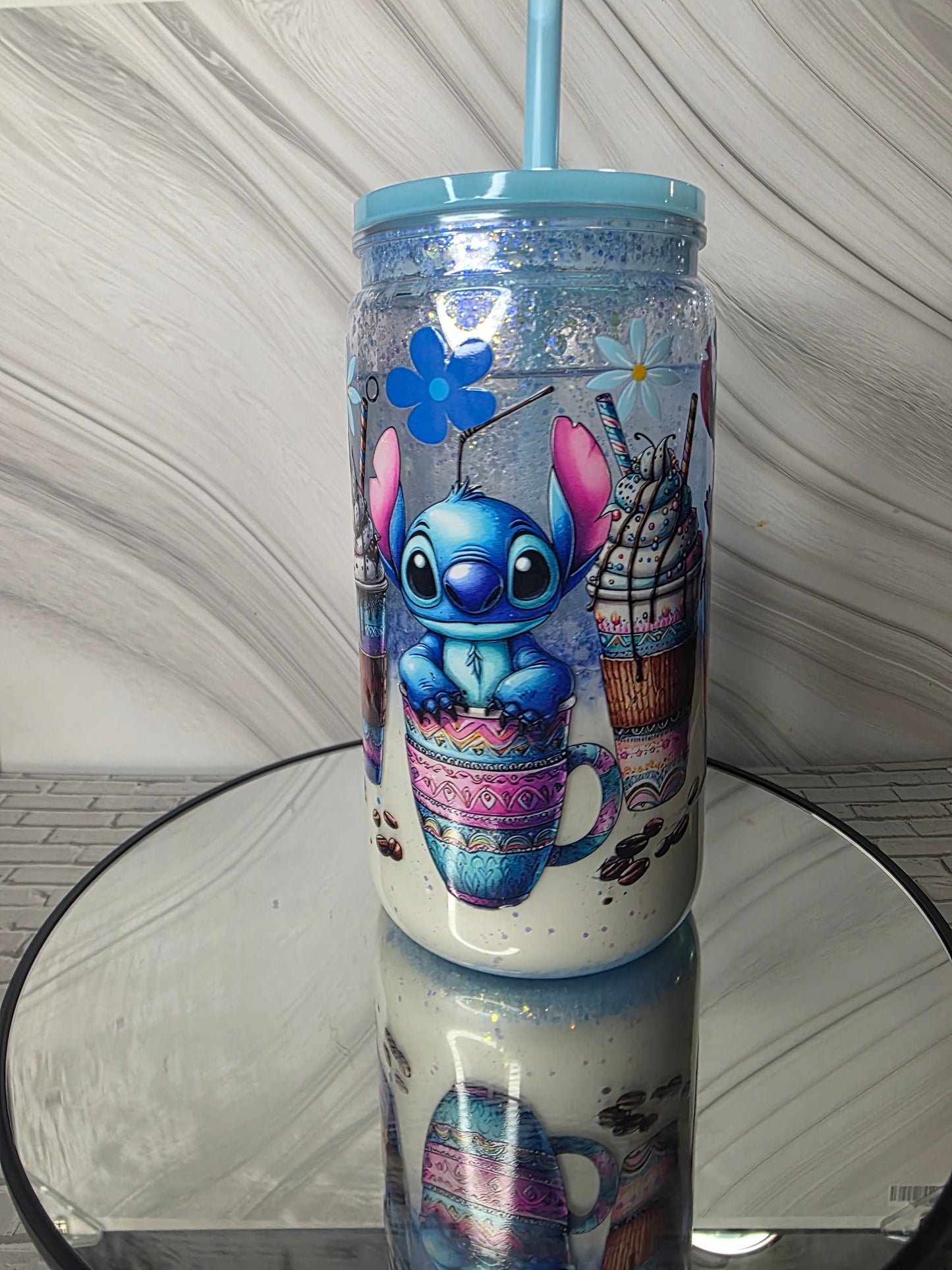 16oz Plastic Snow Globe Tumbler with Colored Lid and Straw