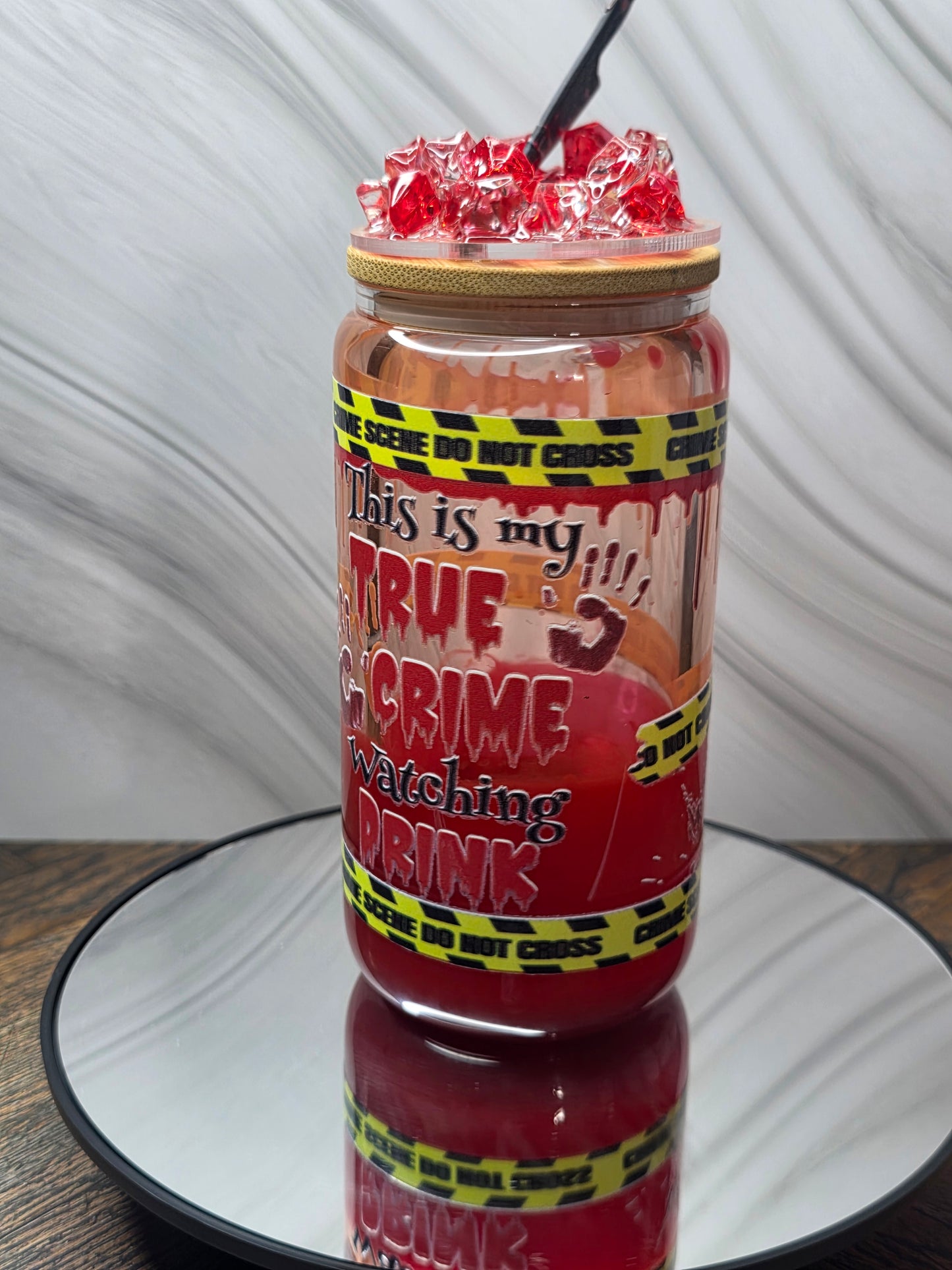 16oz Glass Blood Drip Tumblers with handle and decorated removable lid