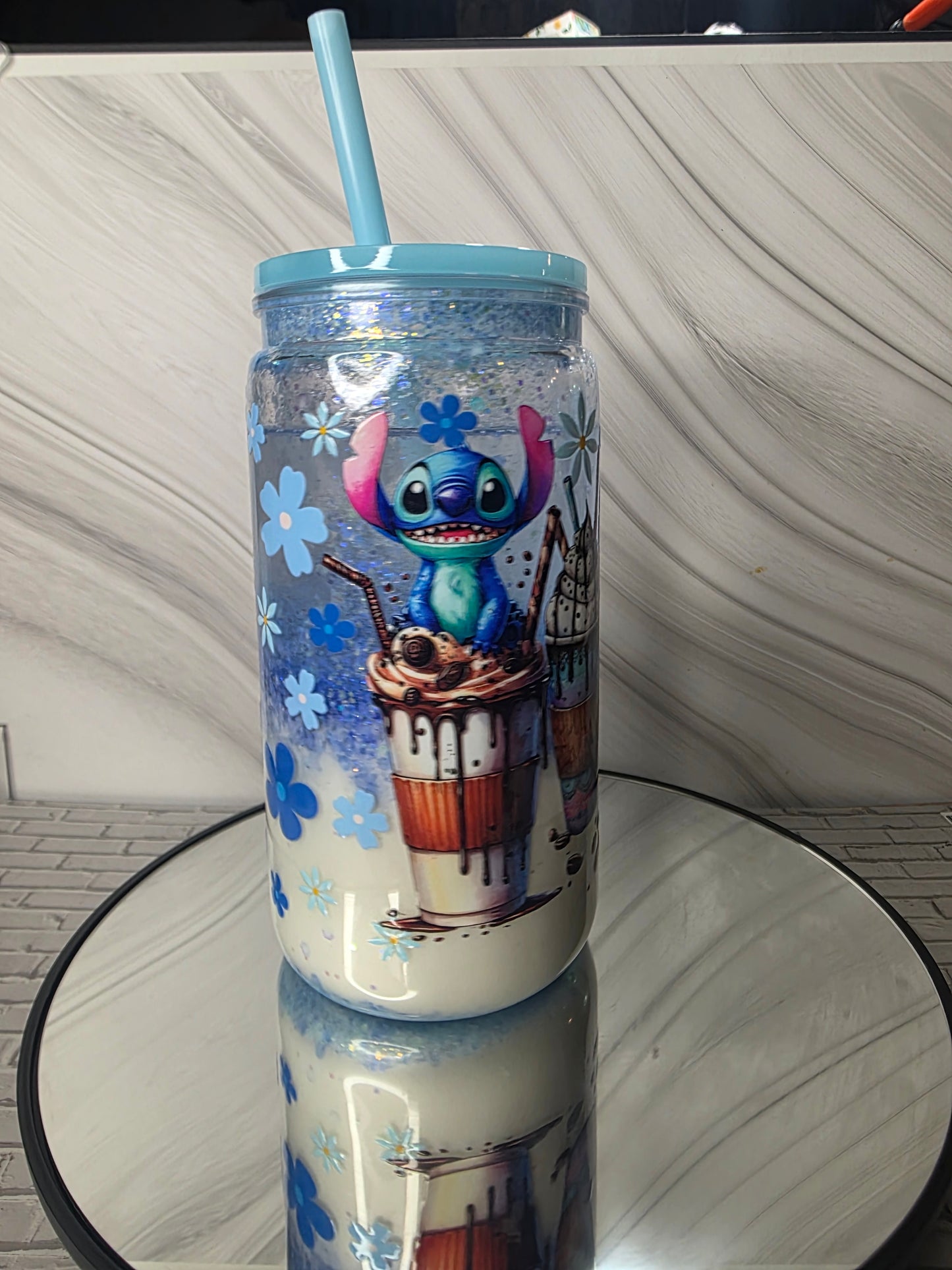 16oz Plastic Snow Globe Tumbler with Colored Lid and Straw