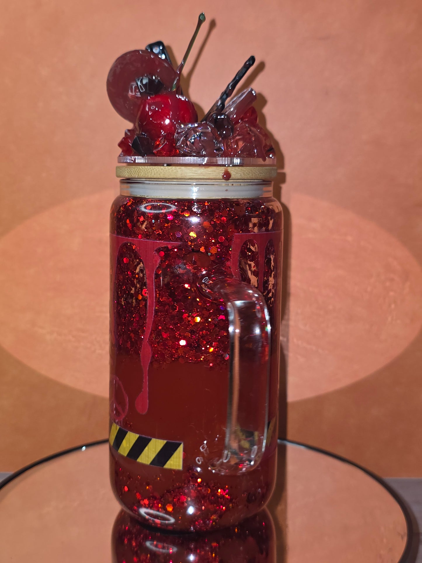 16oz Glass Blood Drip Tumblers with handle and decorated removable lid