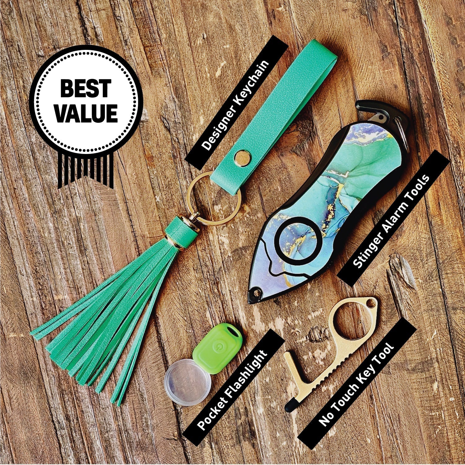 Personal Alarm Keychain Safety Emergency Tool (Green Marble)