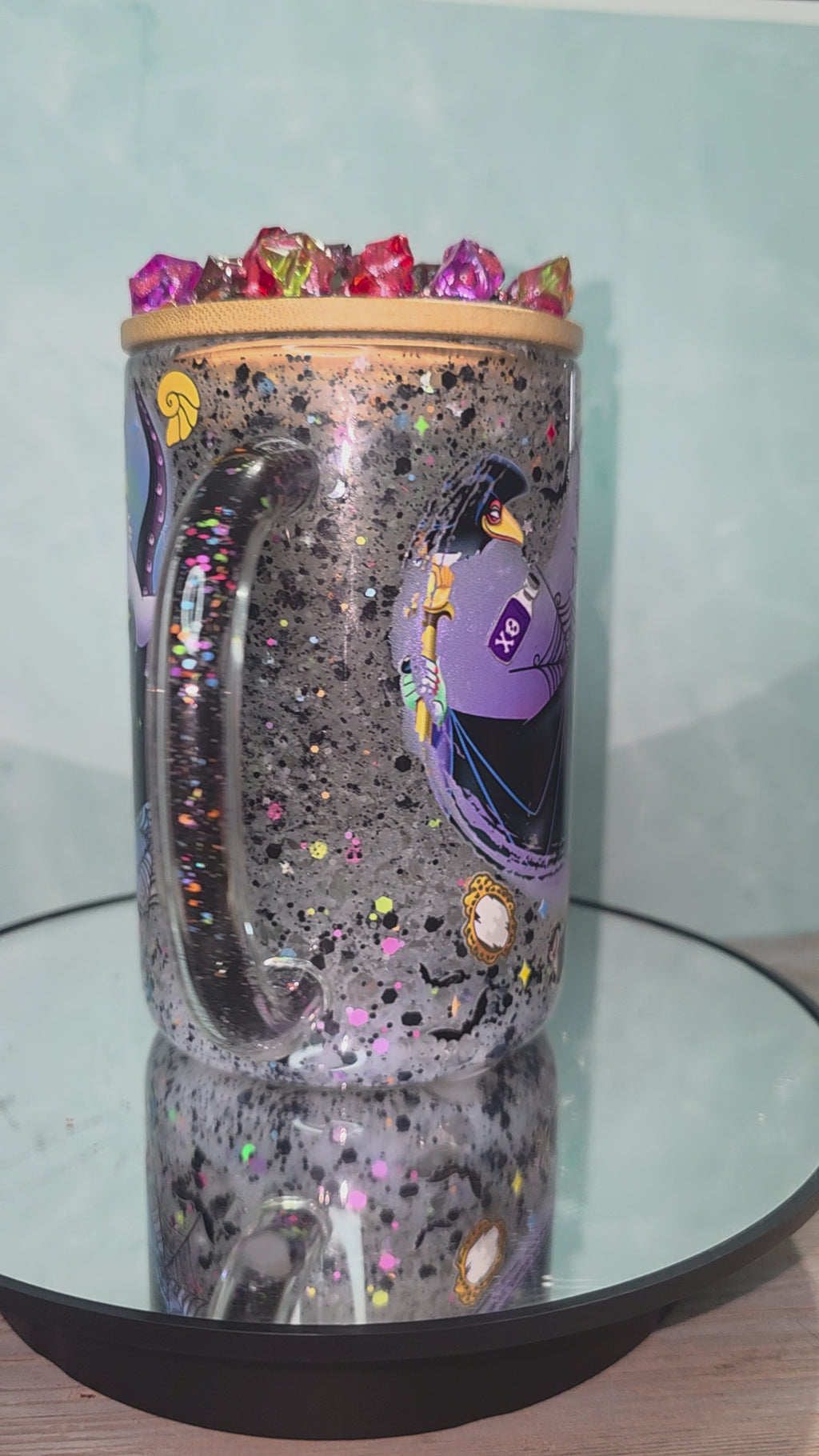 16oz Glass Snow Globe Tumbler with Glitter in handle