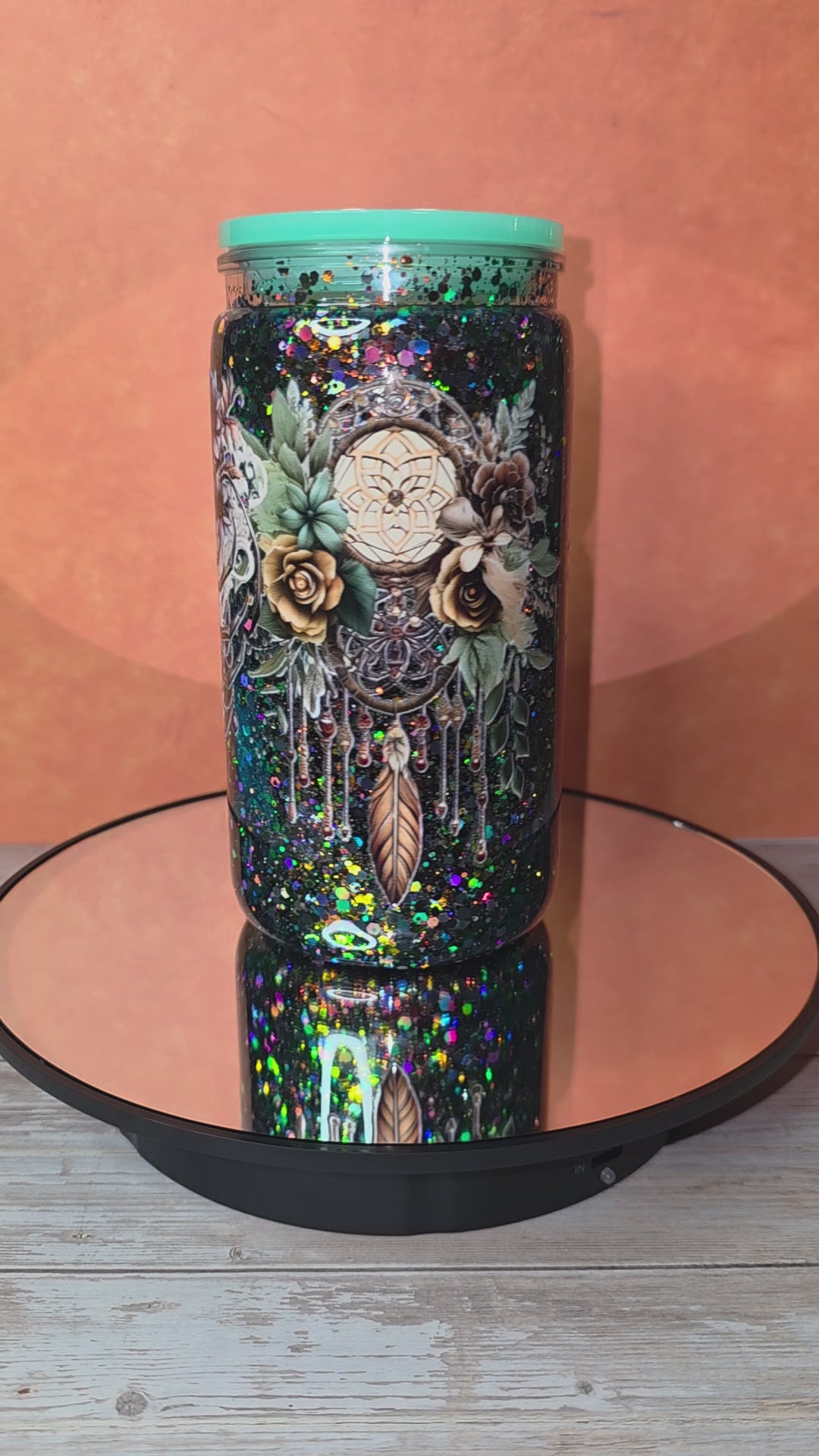 16oz Plastic Snow Globe Tumbler with Colored Lid and Straw