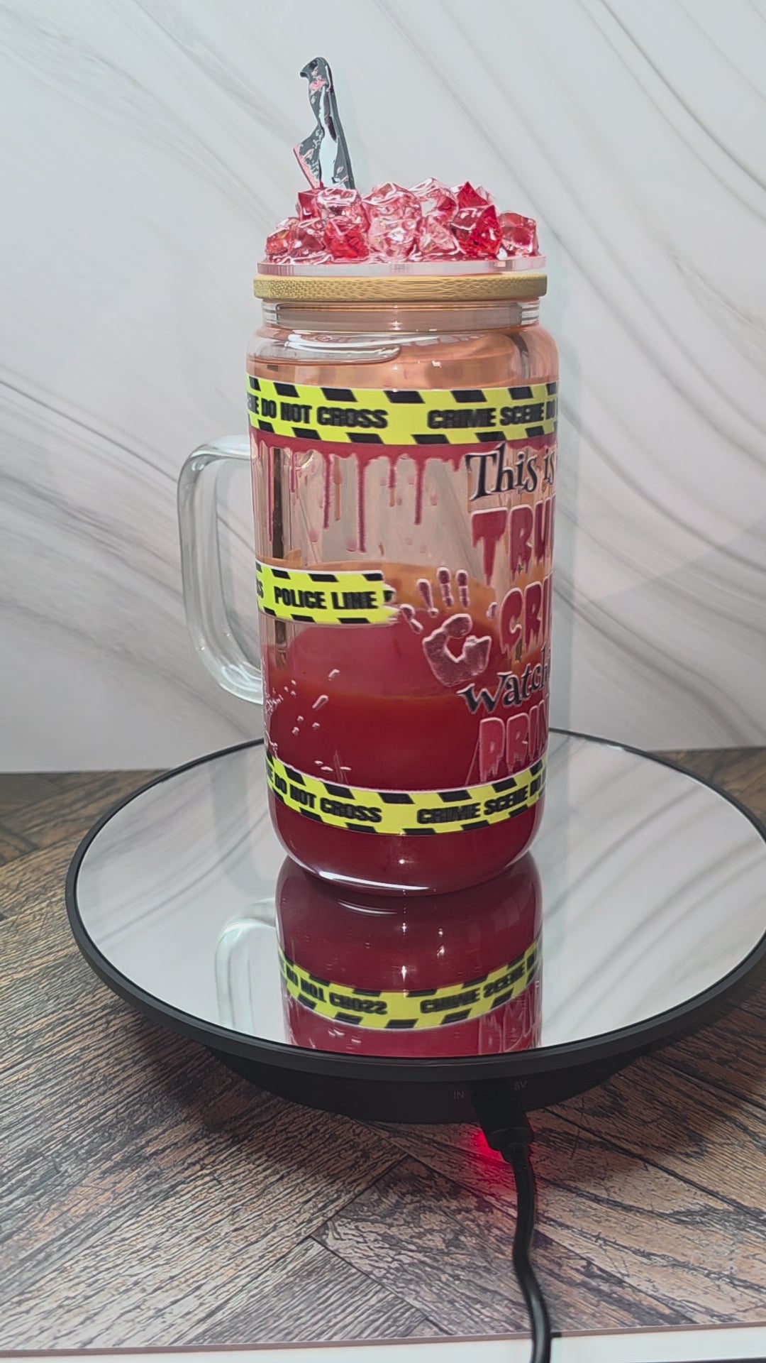 16oz Glass Blood Drip Tumblers with handle and decorated removable lid