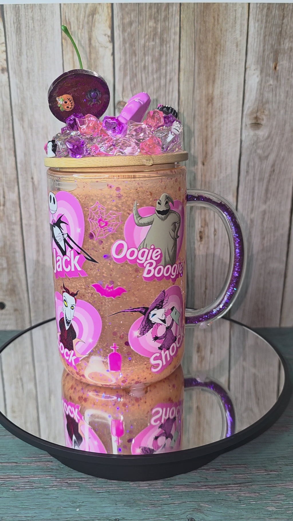 16oz Glass Snow Globe Tumbler with Glitter in handle