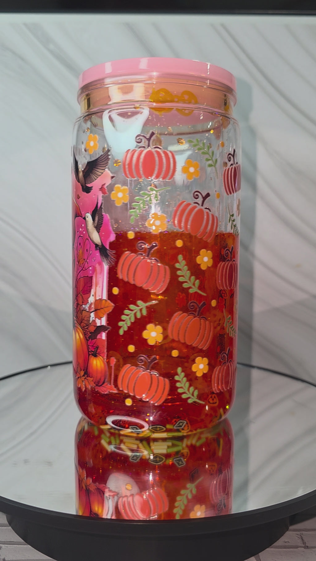 16oz Plastic Snow Globe Tumbler with Colored Lid and Straw