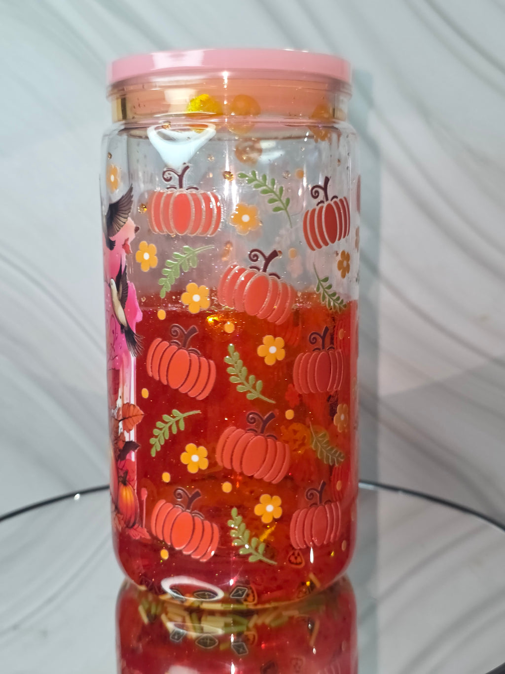 16oz Plastic Snow Globe Tumbler with Colored Lid and Straw