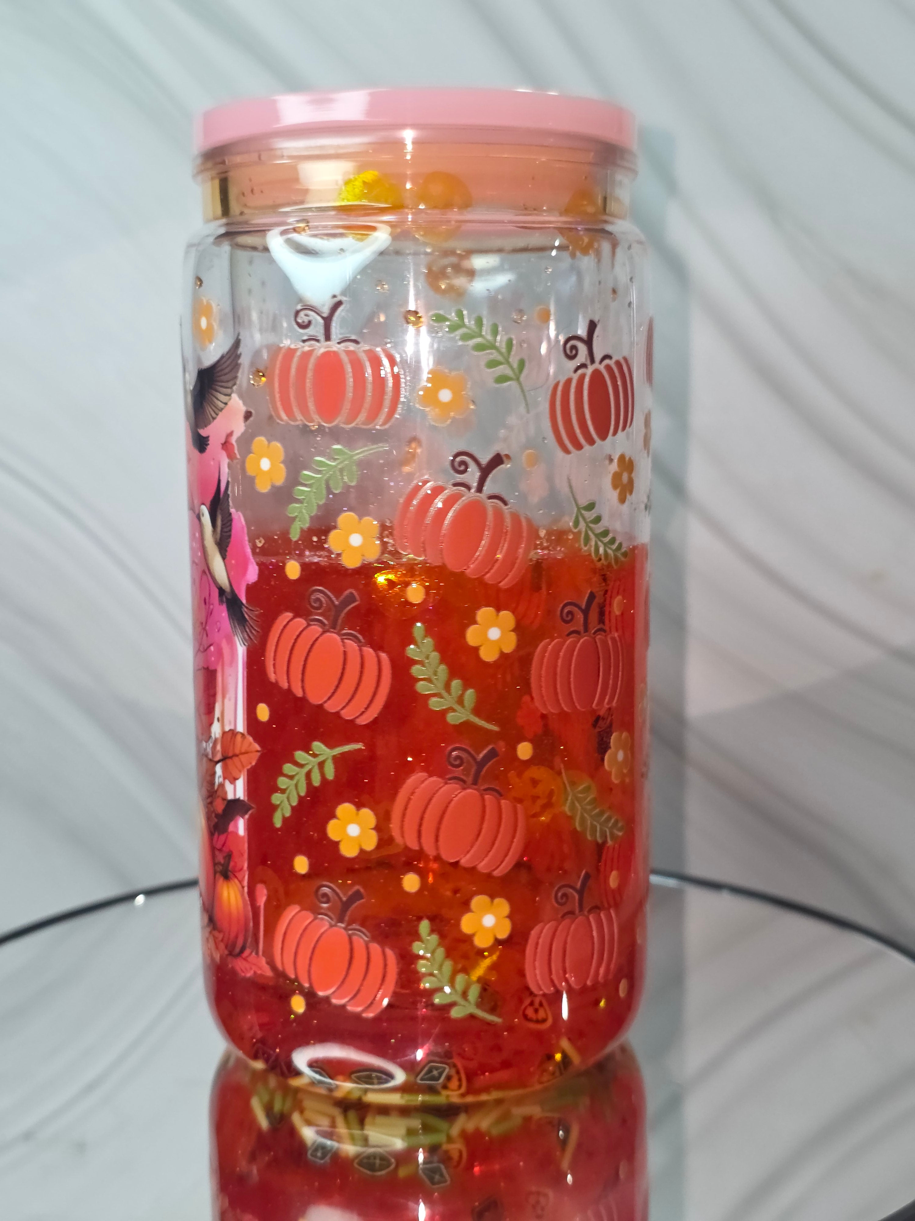 16oz Plastic Snow Globe Tumbler with Colored Lid and Straw