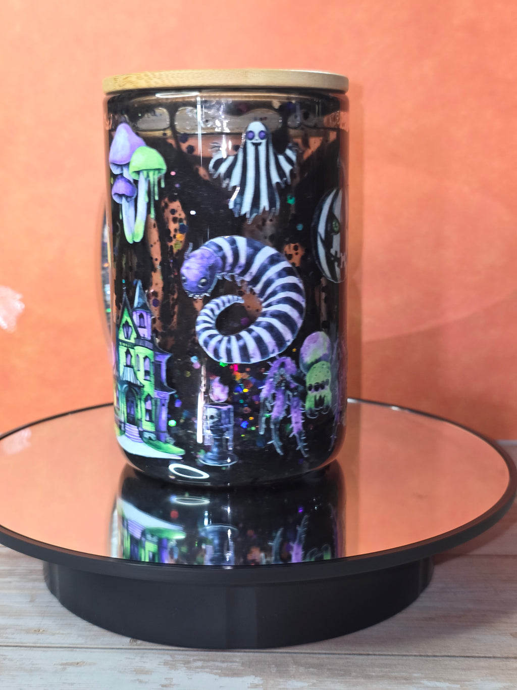 16oz Glass Snow Globe Tumbler with Glitter in handle