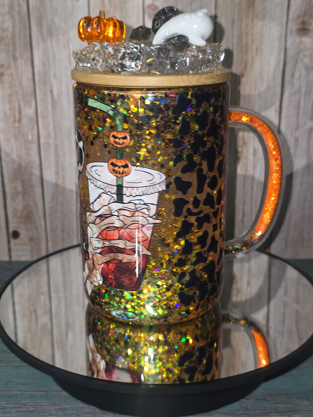 16oz Glass Snow Globe Tumbler with Glitter in handle