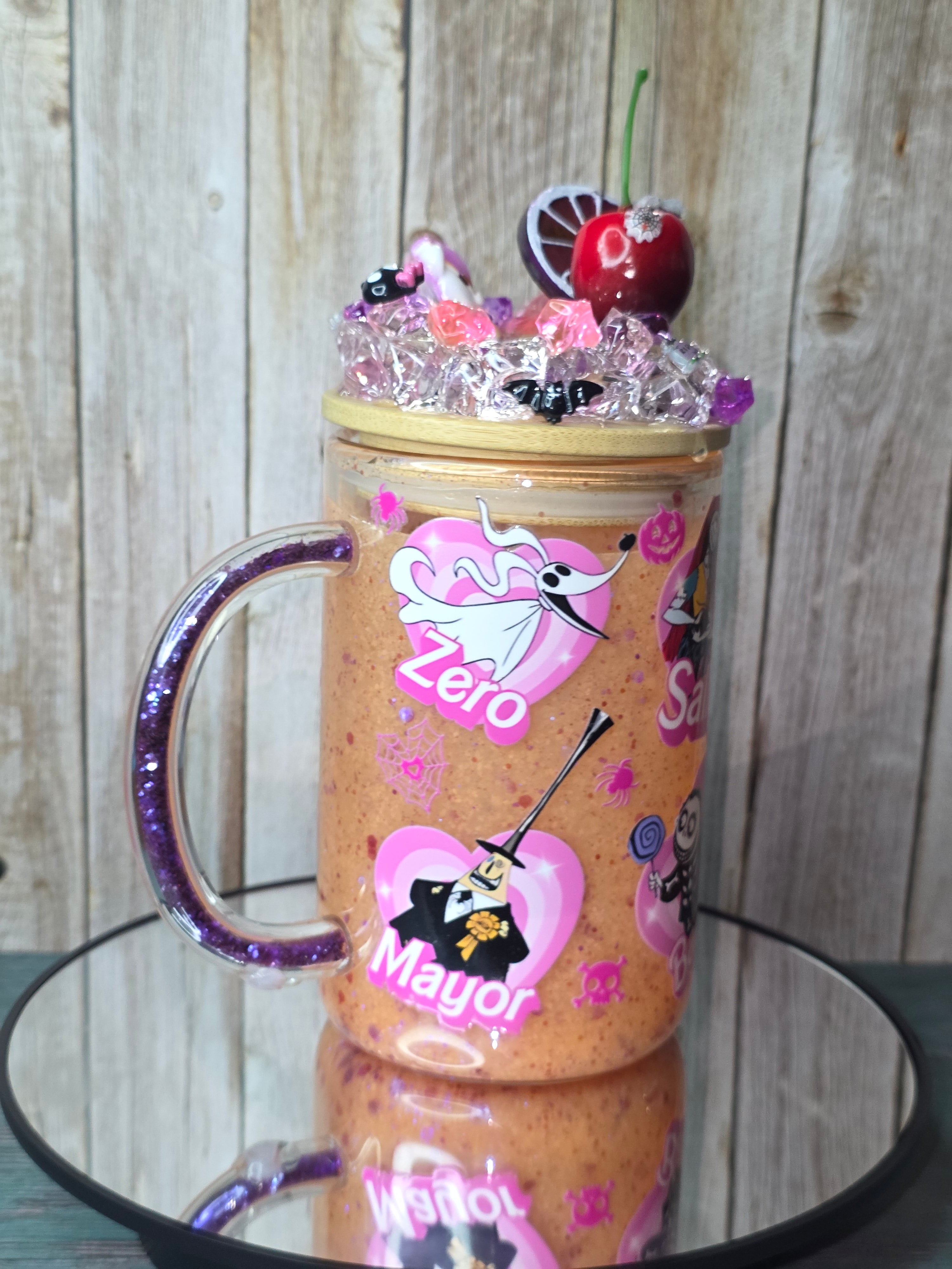 16oz Glass Snow Globe Tumbler with Glitter in handle