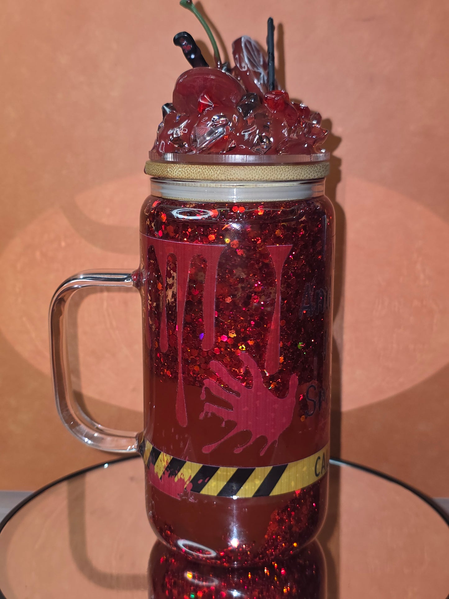 16oz Glass Blood Drip Tumblers with handle and decorated removable lid