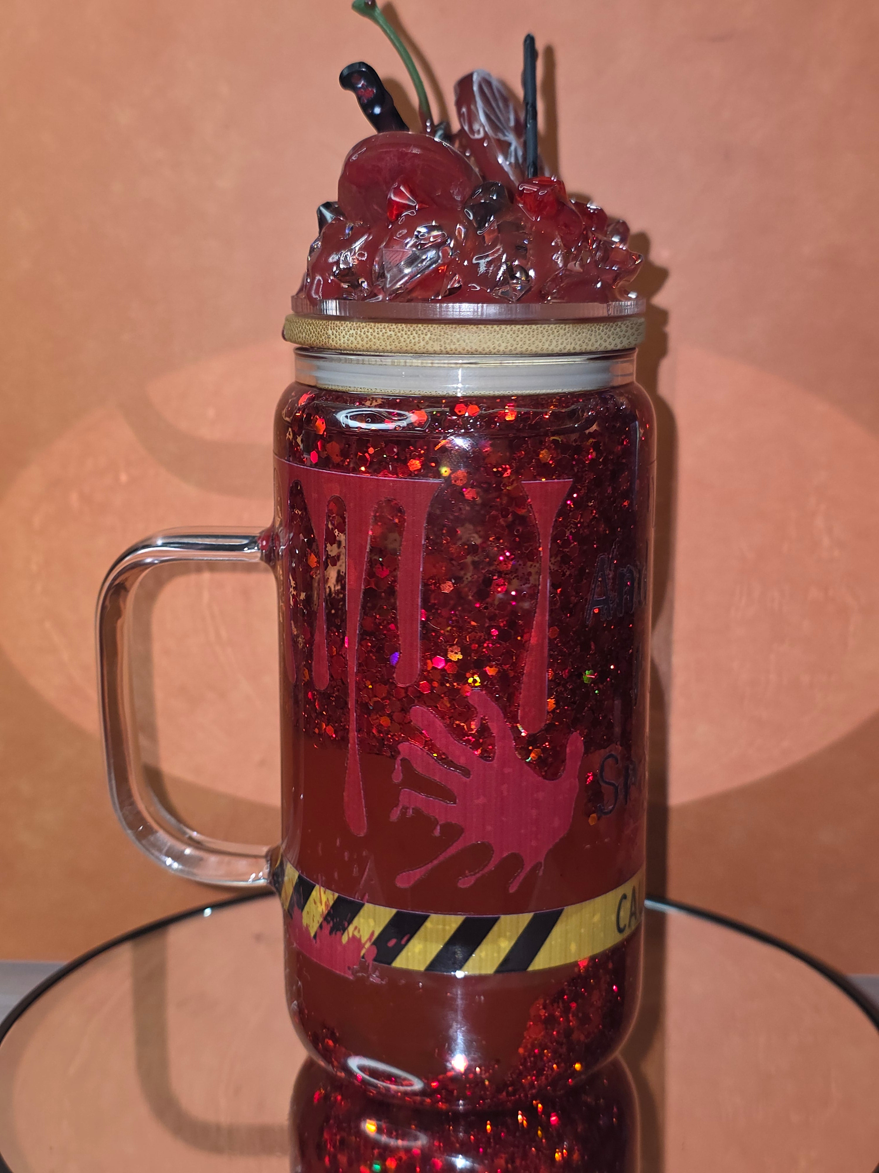 16oz Glass Blood Drip Tumblers with handle and decorated removable lid
