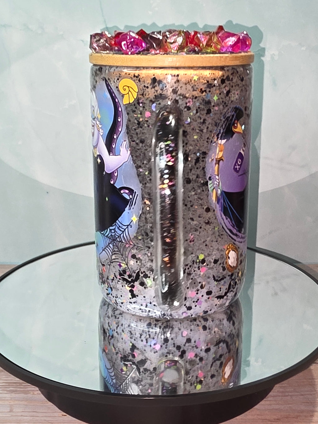 16oz Glass Snow Globe Tumbler with Glitter in handle
