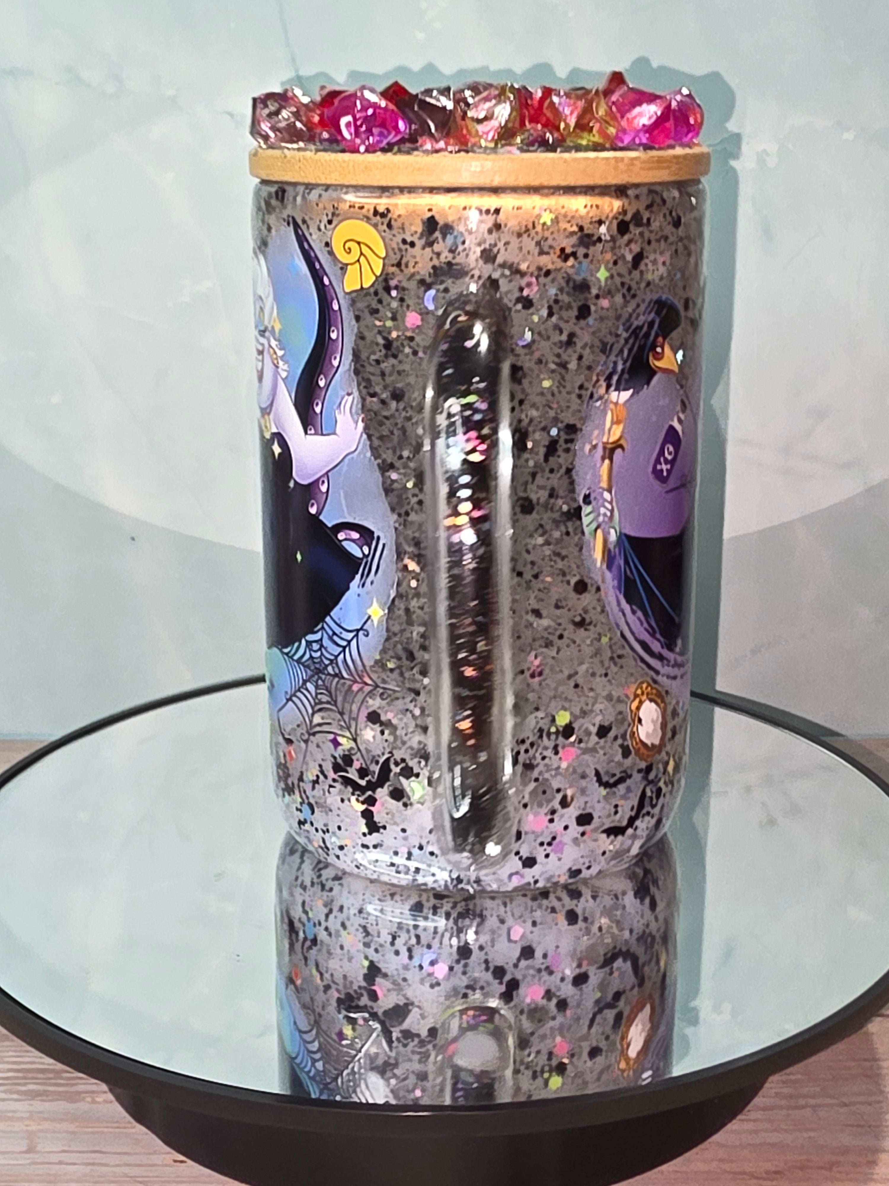 16oz Glass Snow Globe Tumbler with Glitter in handle