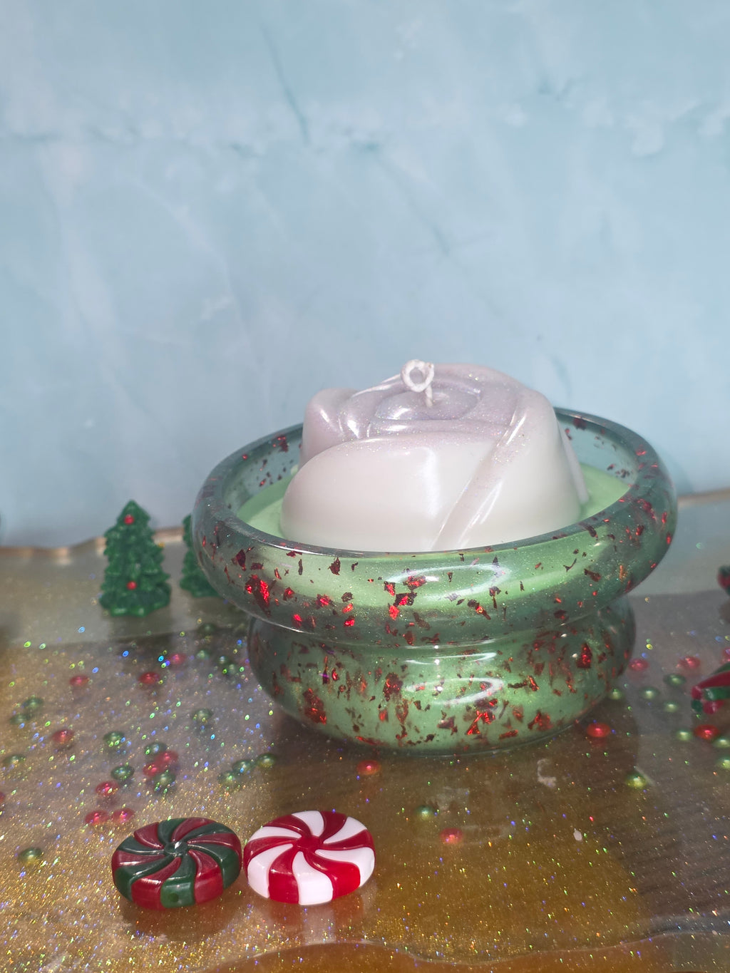 Peppermint Pumpkin Kiss candle in a handmade resin vessel