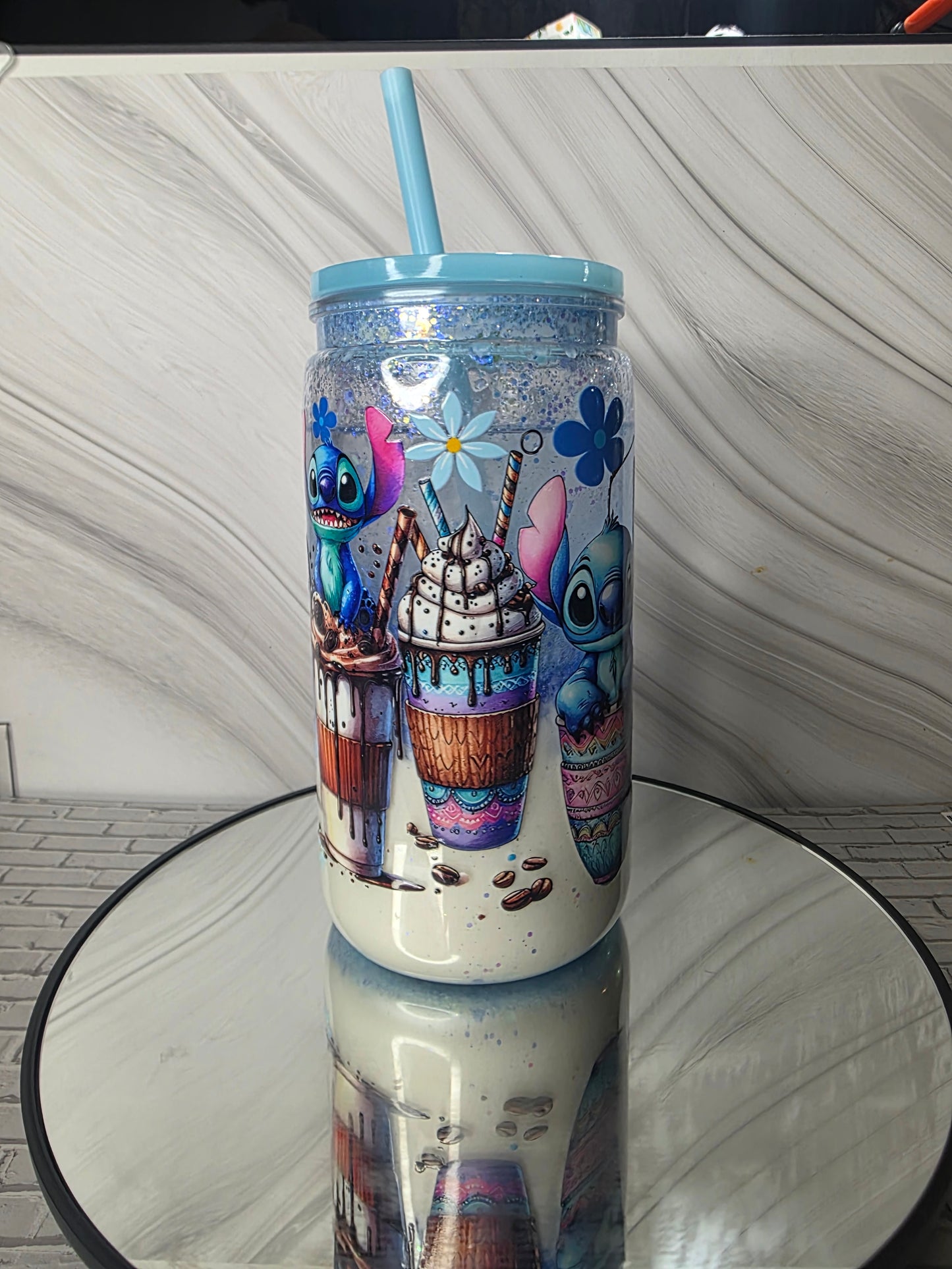 16oz Plastic Snow Globe Tumbler with Colored Lid and Straw