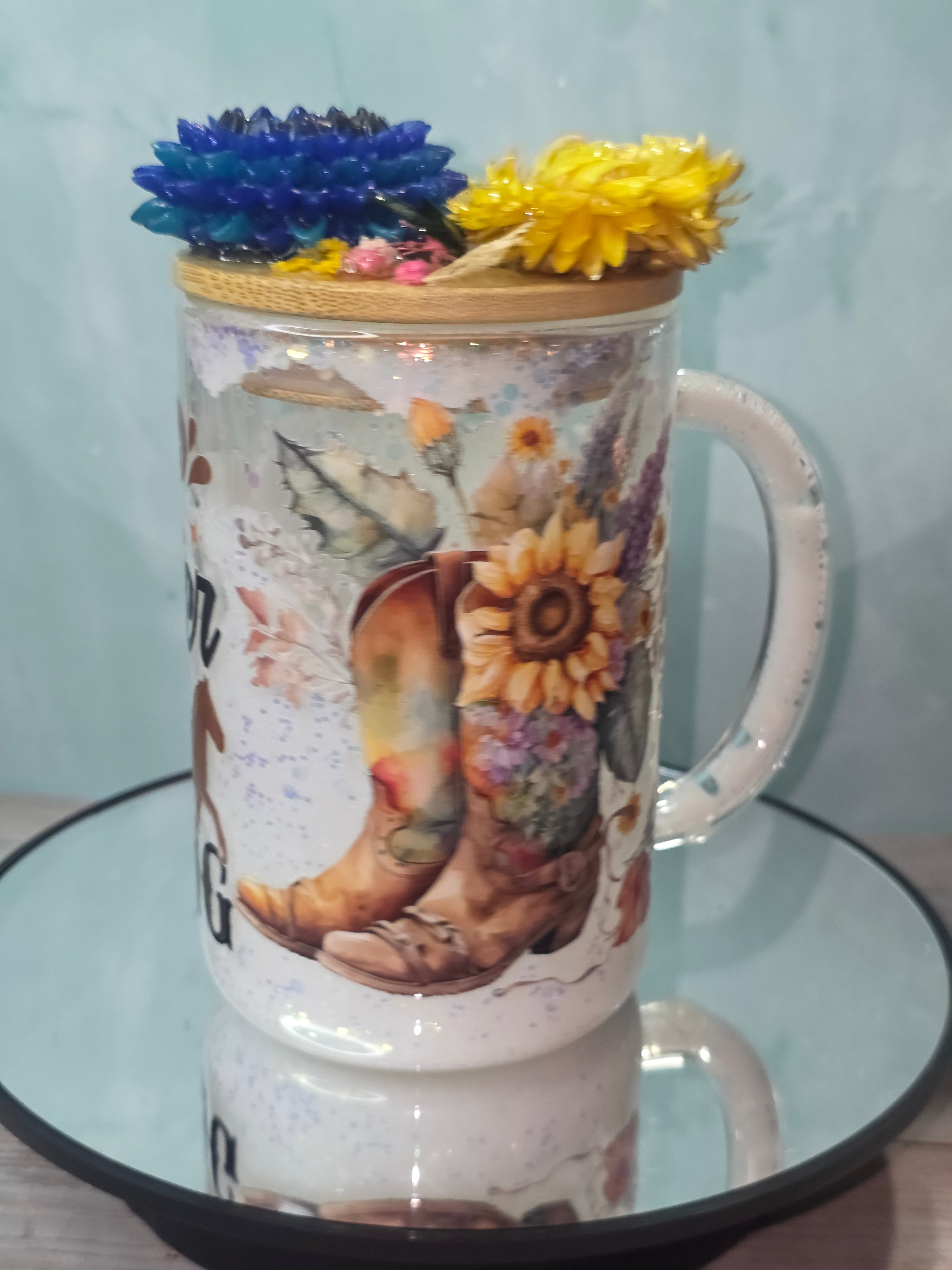16oz Glass Snow Globe Tumbler with Glitter in handle