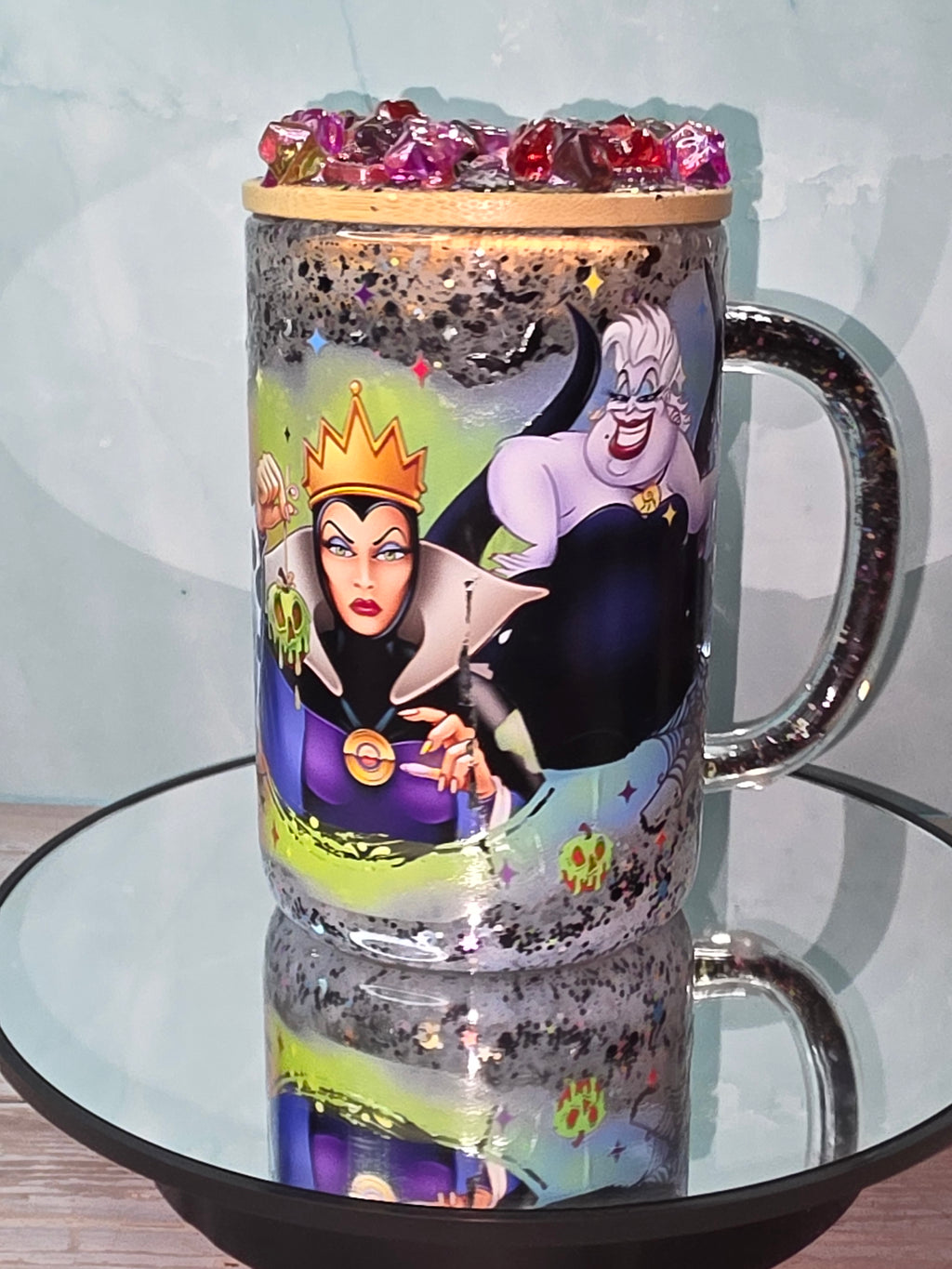 16oz Glass Snow Globe Tumbler with Glitter in handle