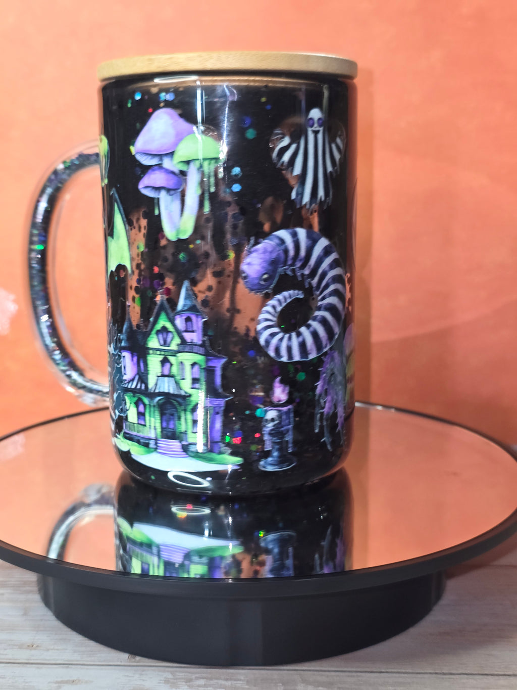 16oz Glass Snow Globe Tumbler with Glitter in handle
