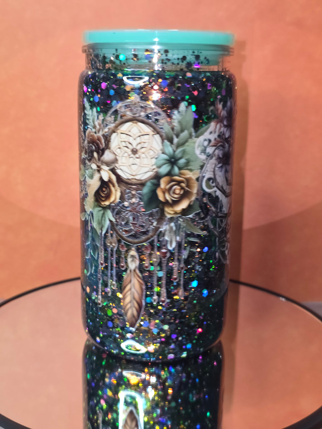 16oz Plastic Snow Globe Tumbler with Colored Lid and Straw