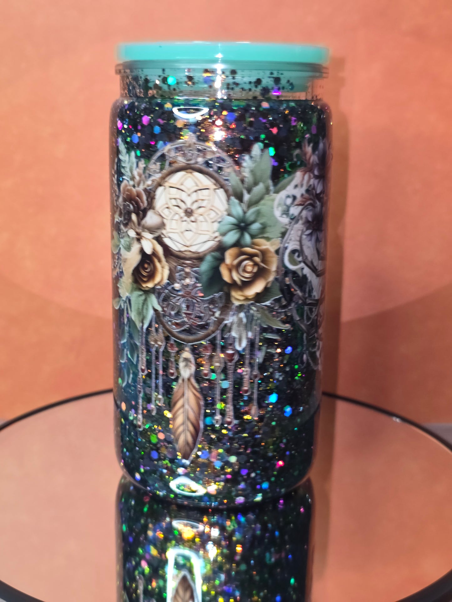 16oz Plastic Snow Globe Tumbler with Colored Lid and Straw