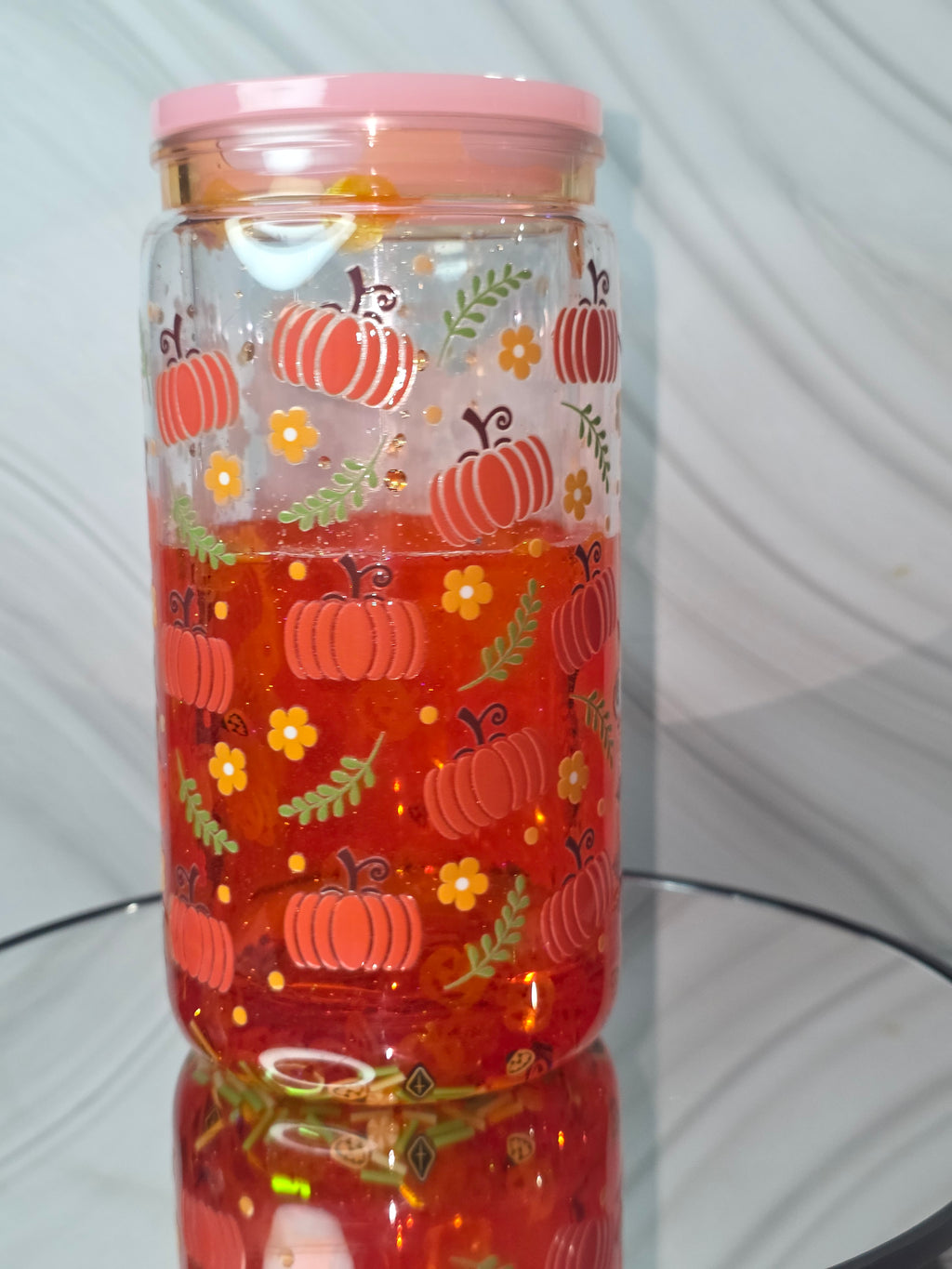 16oz Plastic Snow Globe Tumbler with Colored Lid and Straw