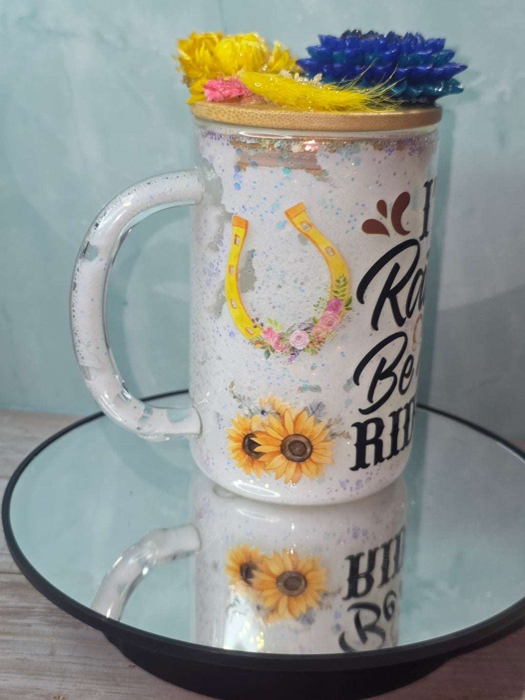 16oz Glass Snow Globe Tumbler with Glitter in handle