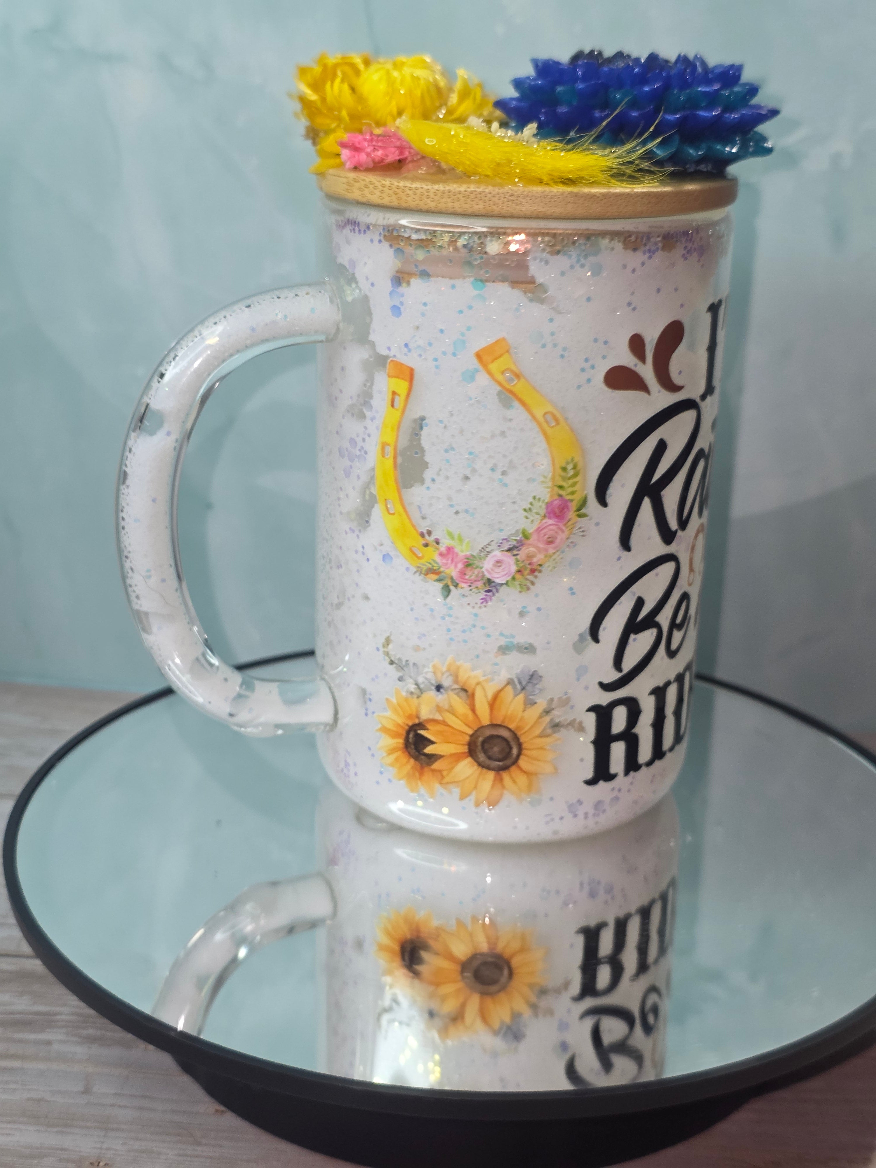 16oz Glass Snow Globe Tumbler with Glitter in handle